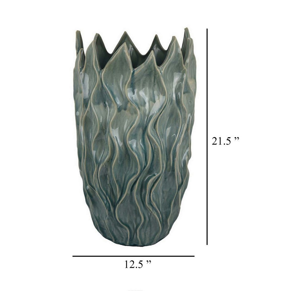 Esen Decorative Vase Abstract Wave Design 22 Inch Green Ceramic
