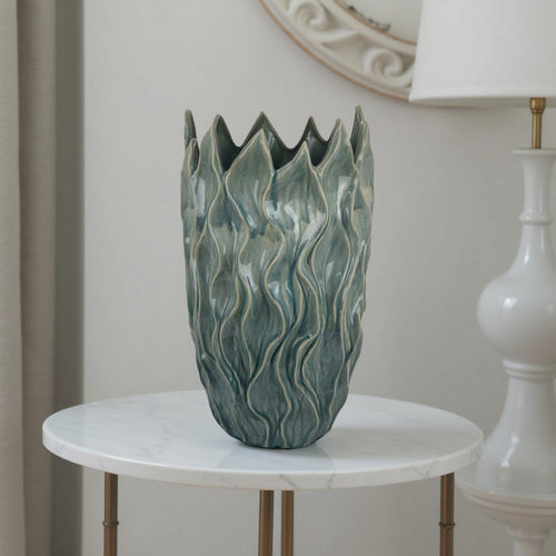 Esen Decorative Vase, Abstract Wave Design, 22 Inch Green Ceramic