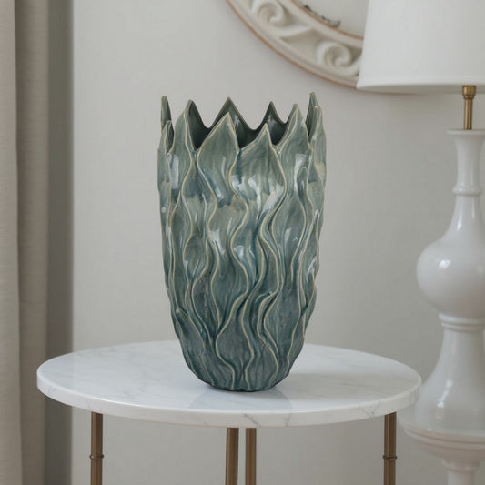 Esen Decorative Vase, Abstract Wave Design, 22 Inch Green Ceramic