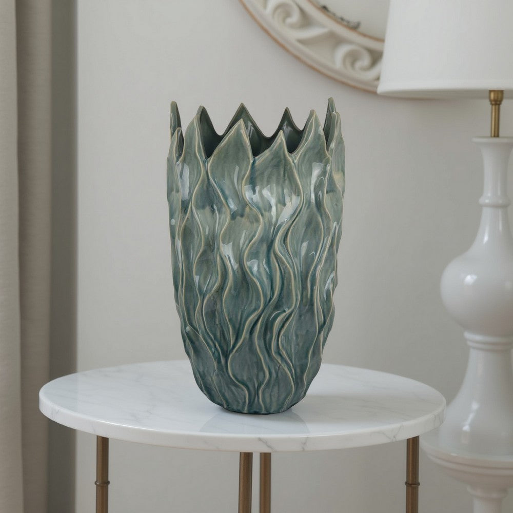 Esen Decorative Vase, Abstract Wave Design, 22 Inch Green Ceramic