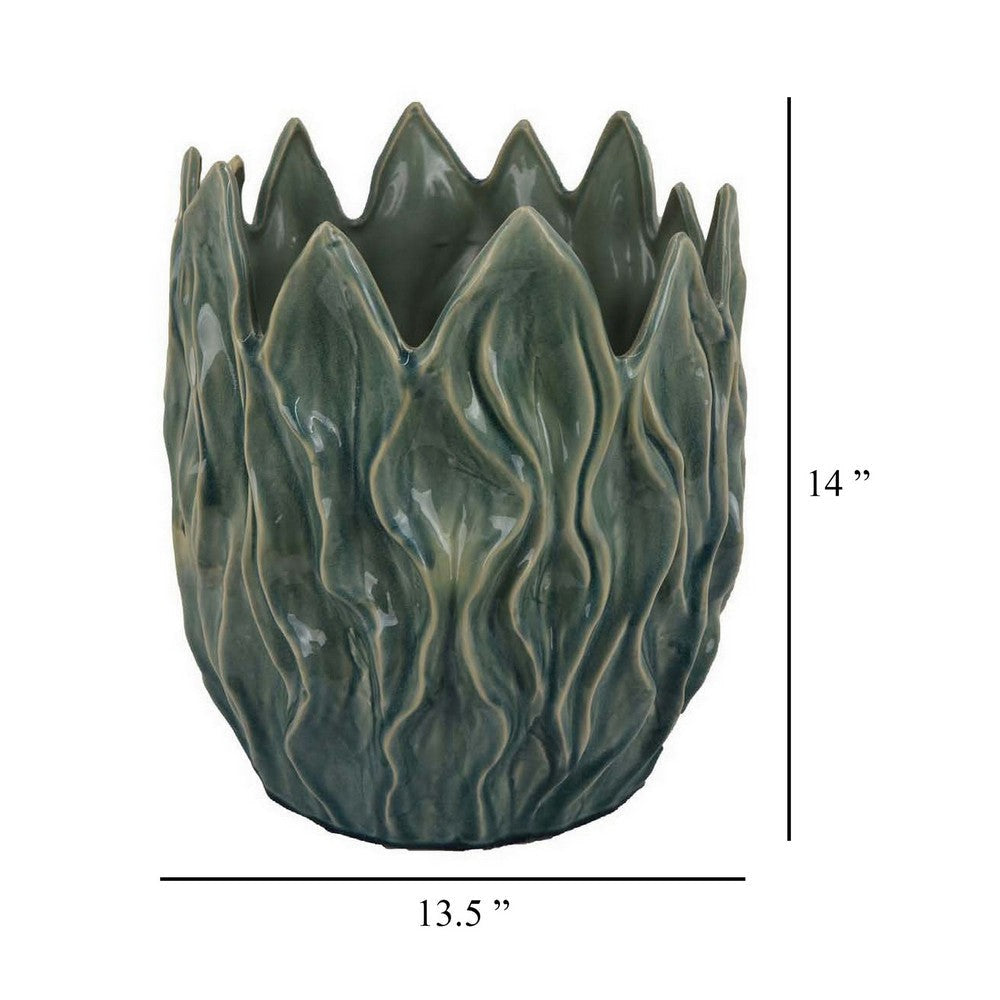 Esen Decorative Vase Abstract Wave Design 14 Inch Green Ceramic