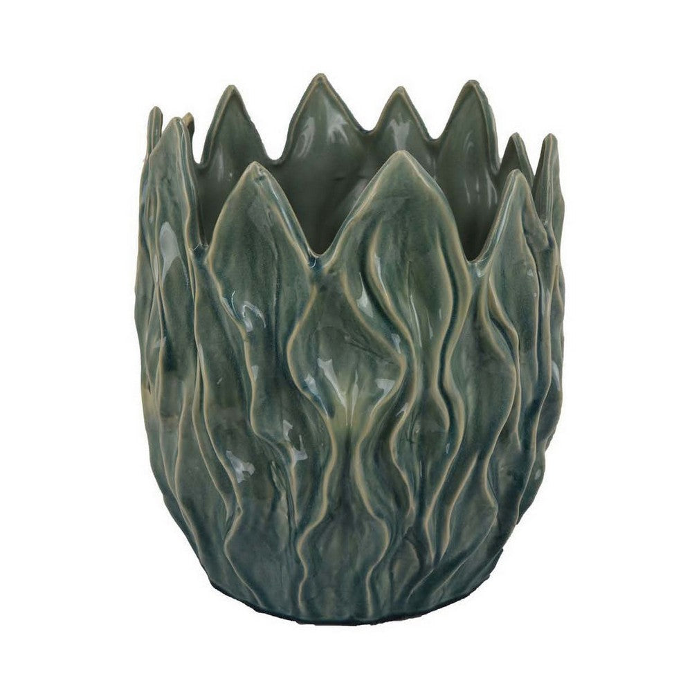 Esen Decorative Vase, Abstract Wave Design, 14 Inch Green Ceramic