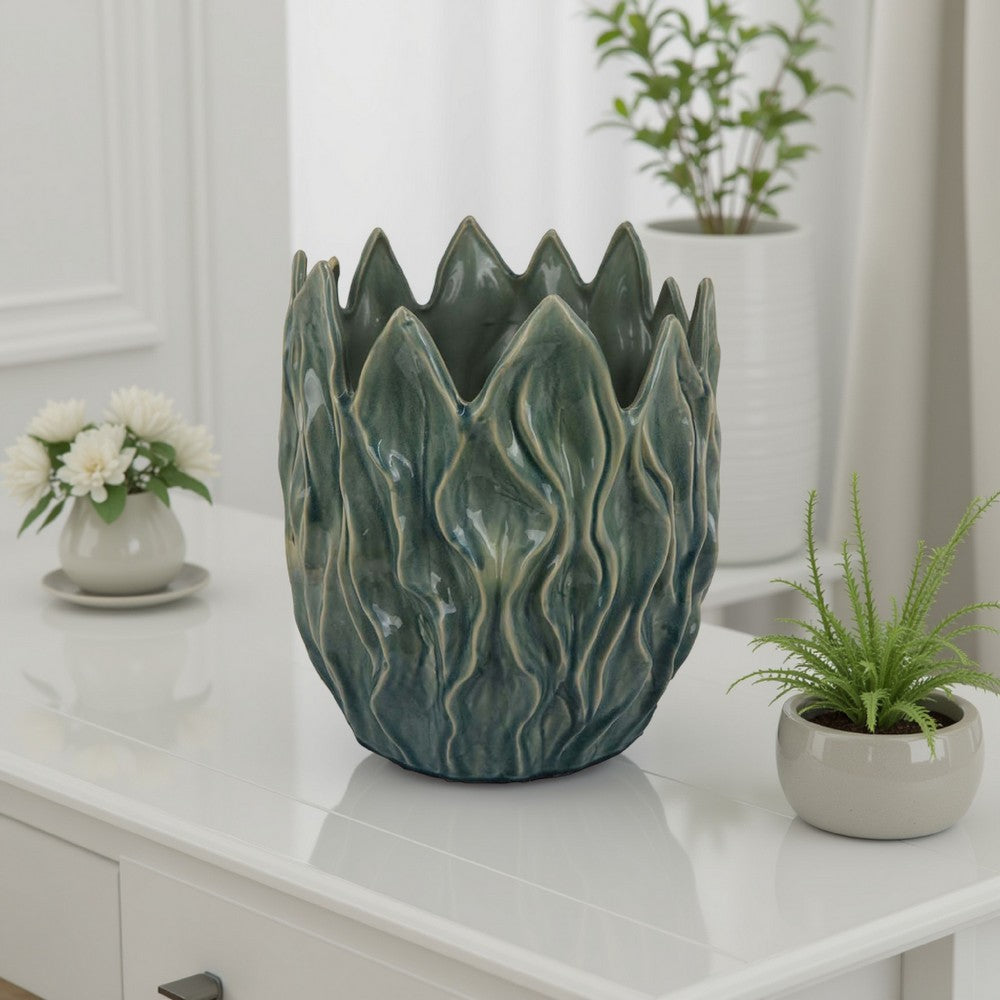 Esen Decorative Vase, Abstract Wave Design, 14 Inch Green Ceramic