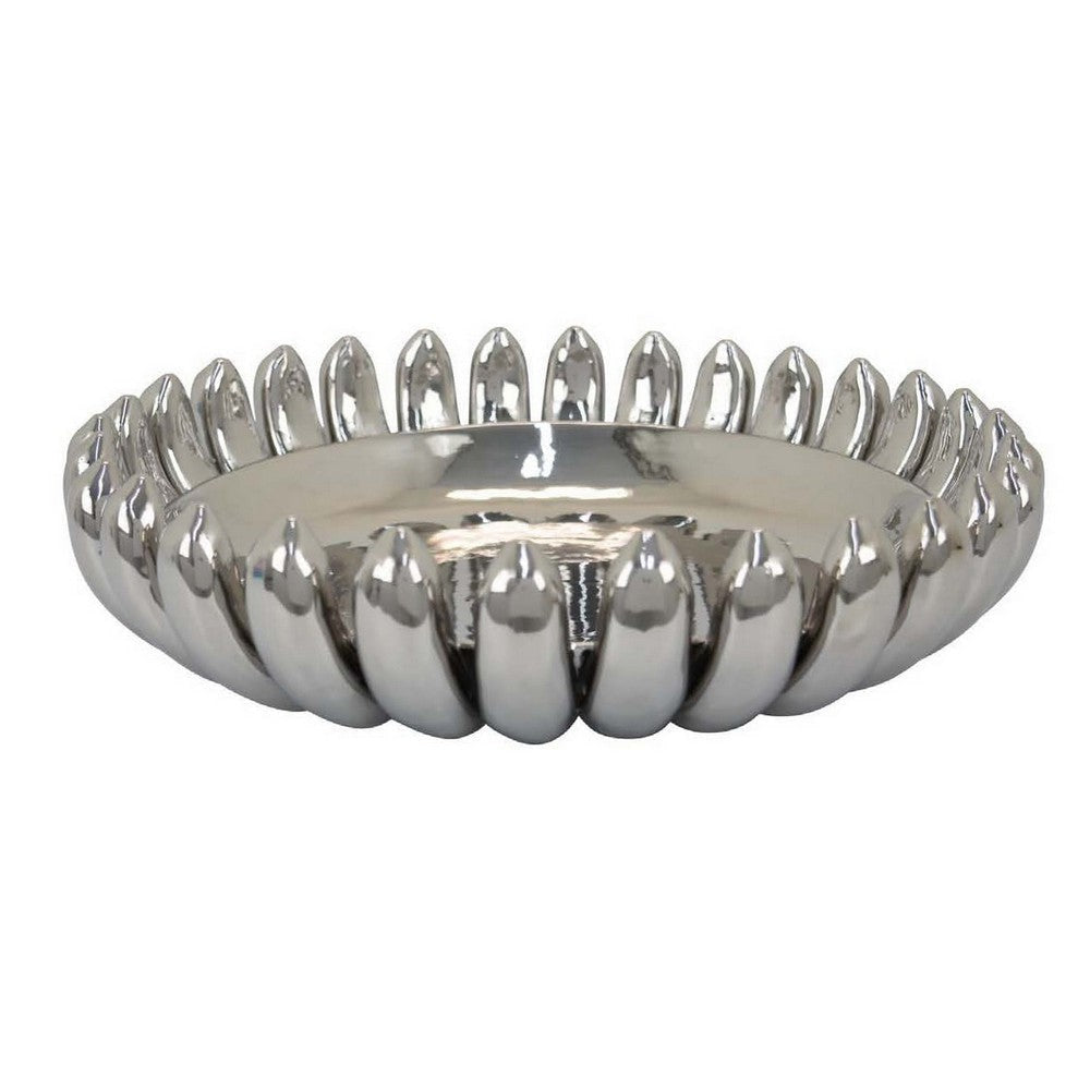 Zoma Accent Bowl 16 Inch Raised Rounded Edges Silver Ceramic Body