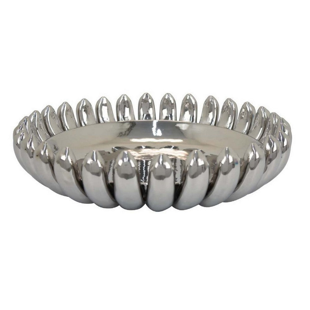 Zoma Accent Bowl, 16 Inch Raised Rounded Edges, Silver Ceramic Body