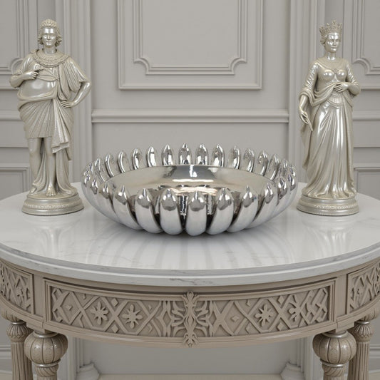 Zoma Accent Bowl, 16 Inch Raised Rounded Edges, Silver Ceramic Body