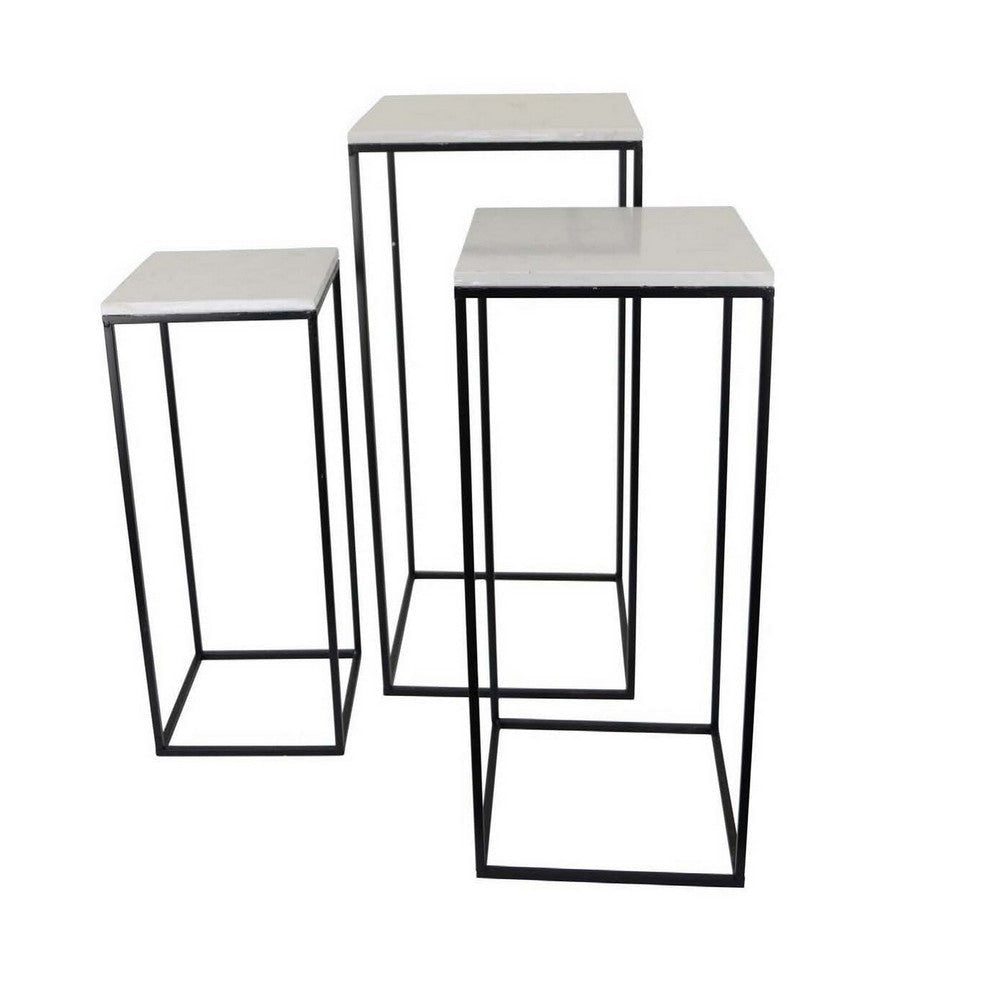 Plant Stand Table Set of 3 Black Metal Square White Marble Top BM331411