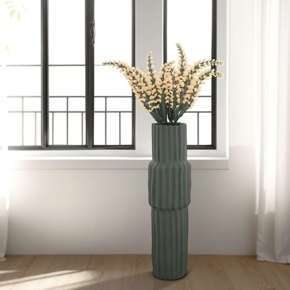 Decorative Accent Vase, Sleek Cactus Design, 36 Inch Green Ceramic