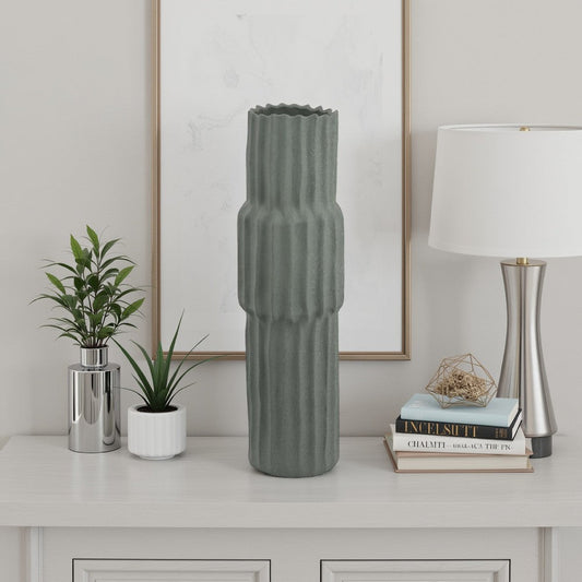 Decorative Accent Vase, Sleek Cactus Design, 24 Inch Green Ceramic