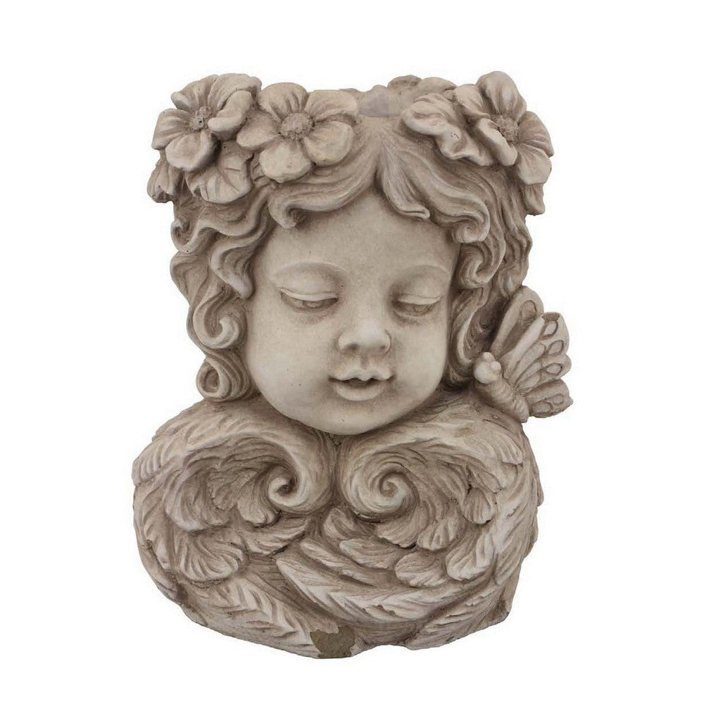 Accent Planter 13 Inch Face Design Floral Details Beige Terracotta BM331416