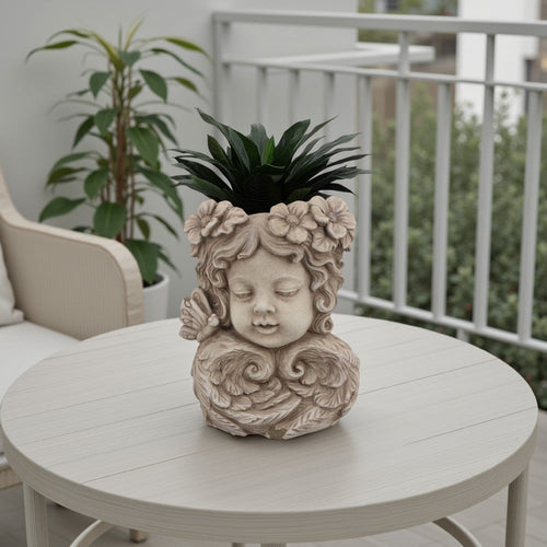 Accent Planter, 13 Inch Face Design, Floral Details, Beige Terracotta