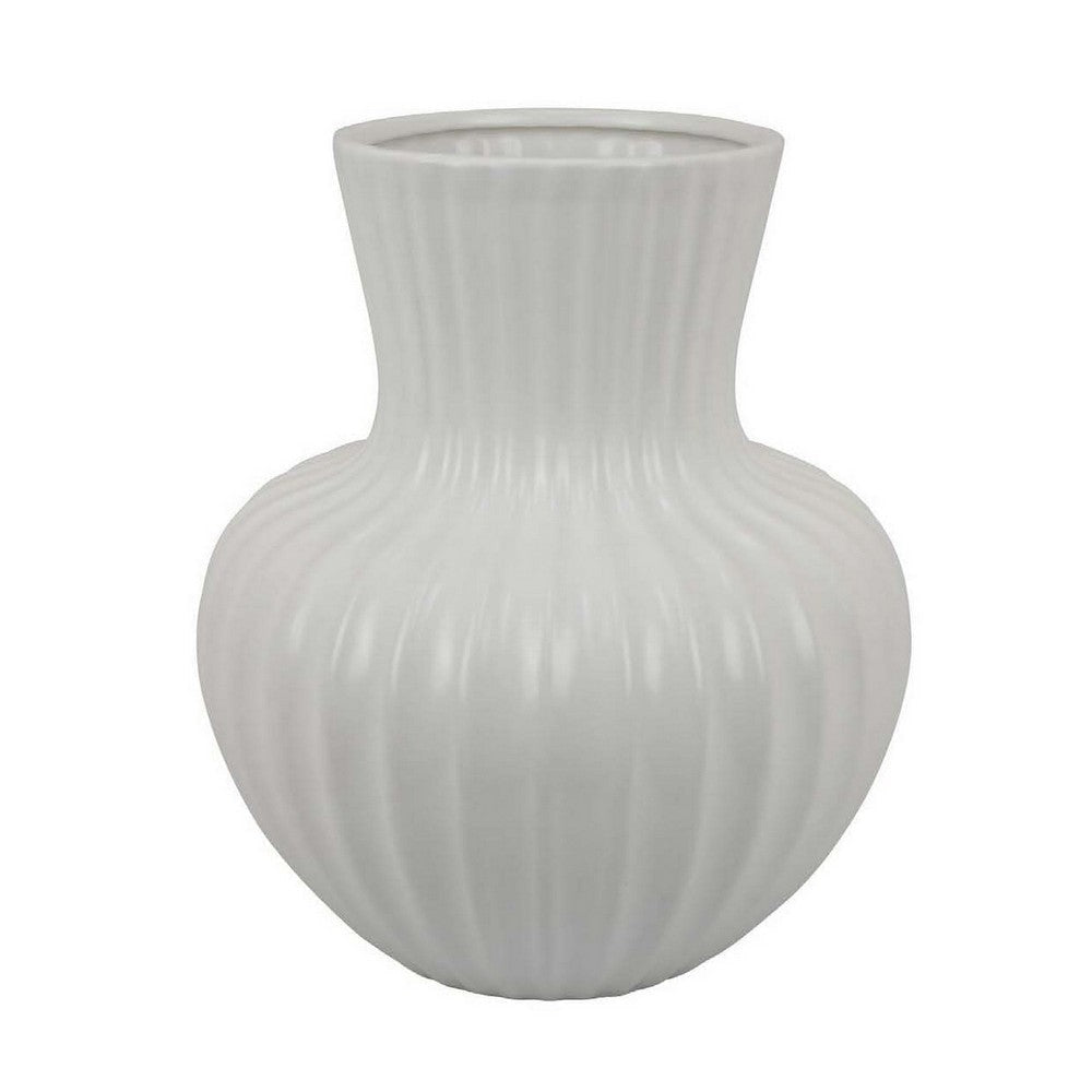 Decorative Vase 14 Inch White Ceramic Body Vertical Ribbed Pattern BM331418