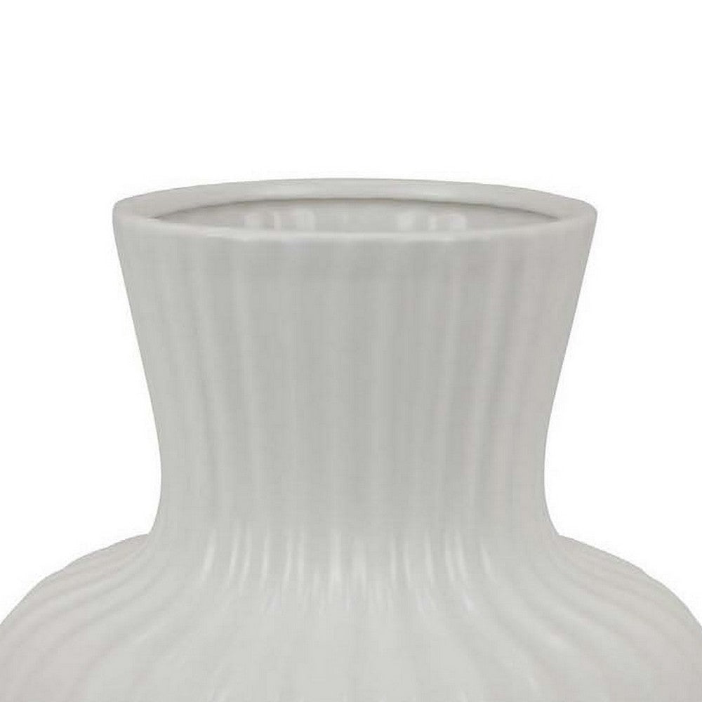 Decorative Vase 14 Inch White Ceramic Body Vertical Ribbed Pattern BM331418