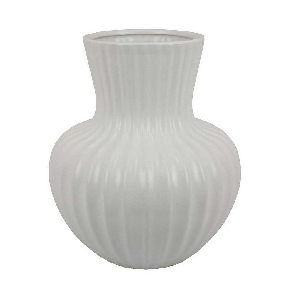 Decorative Vase, 14 Inch White Ceramic Body, Vertical Ribbed Pattern