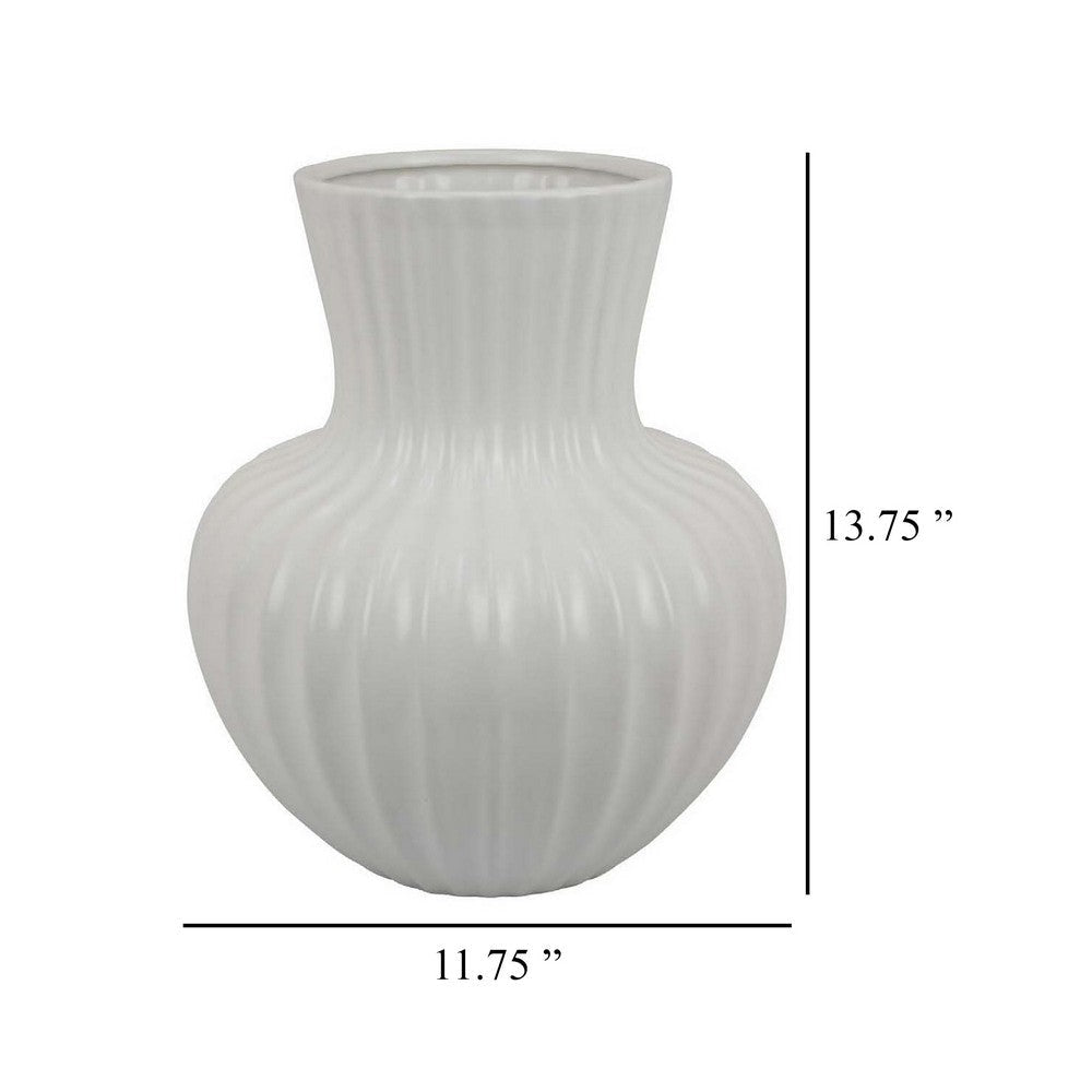 Decorative Vase 14 Inch White Ceramic Body Vertical Ribbed Pattern BM331418