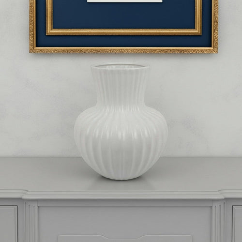 Decorative Vase, 14 Inch White Ceramic Body, Vertical Ribbed Pattern