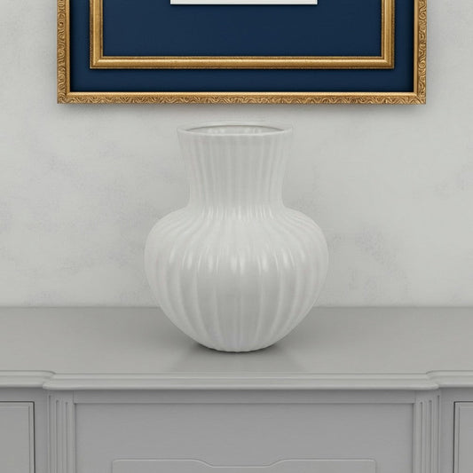 Decorative Vase, 14 Inch White Ceramic Body, Vertical Ribbed Pattern