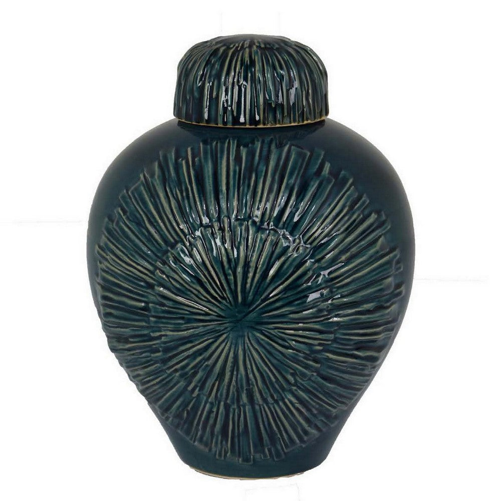 Accent Flower Vase w Lid Rich Textured Deep Blue Ceramic 13 Inch BM331435
