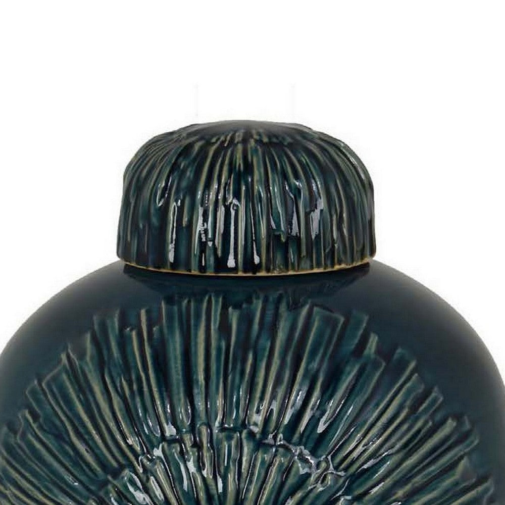 Accent Flower Vase w Lid Rich Textured Deep Blue Ceramic 13 Inch BM331435