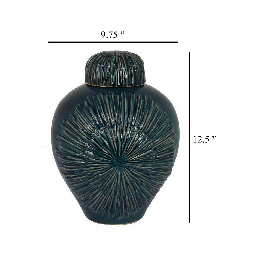 Accent Flower Vase w Lid Rich Textured Deep Blue Ceramic 13 Inch BM331435