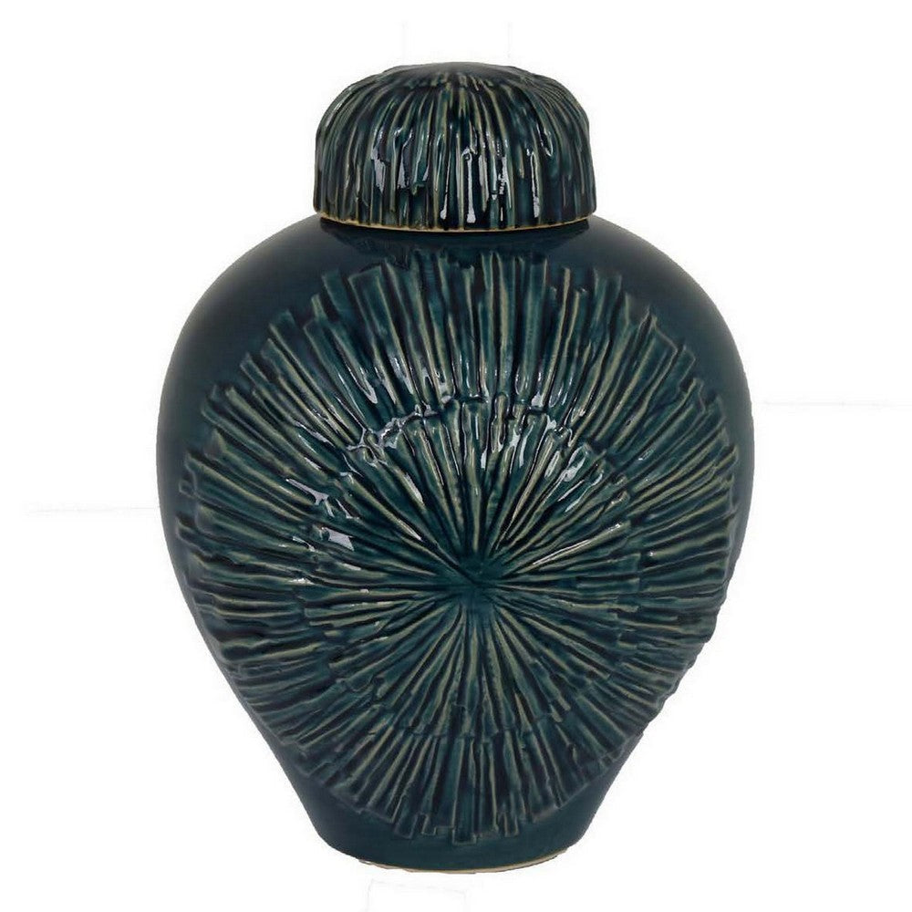 Accent Flower Vase w Lid, Rich Textured Deep Blue Ceramic, 13 Inch