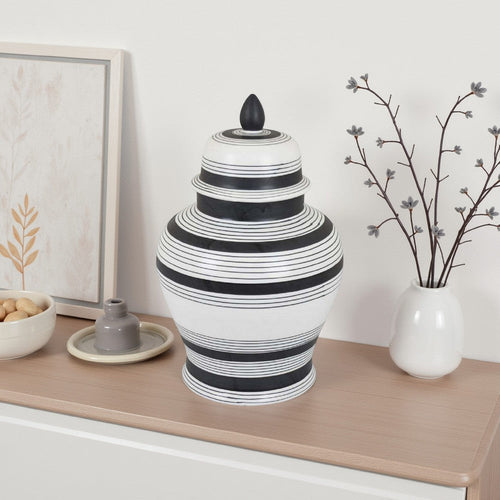 Decorative Jar w Lid, Minimalist Contrast, White Blue Lines, 16 Inch