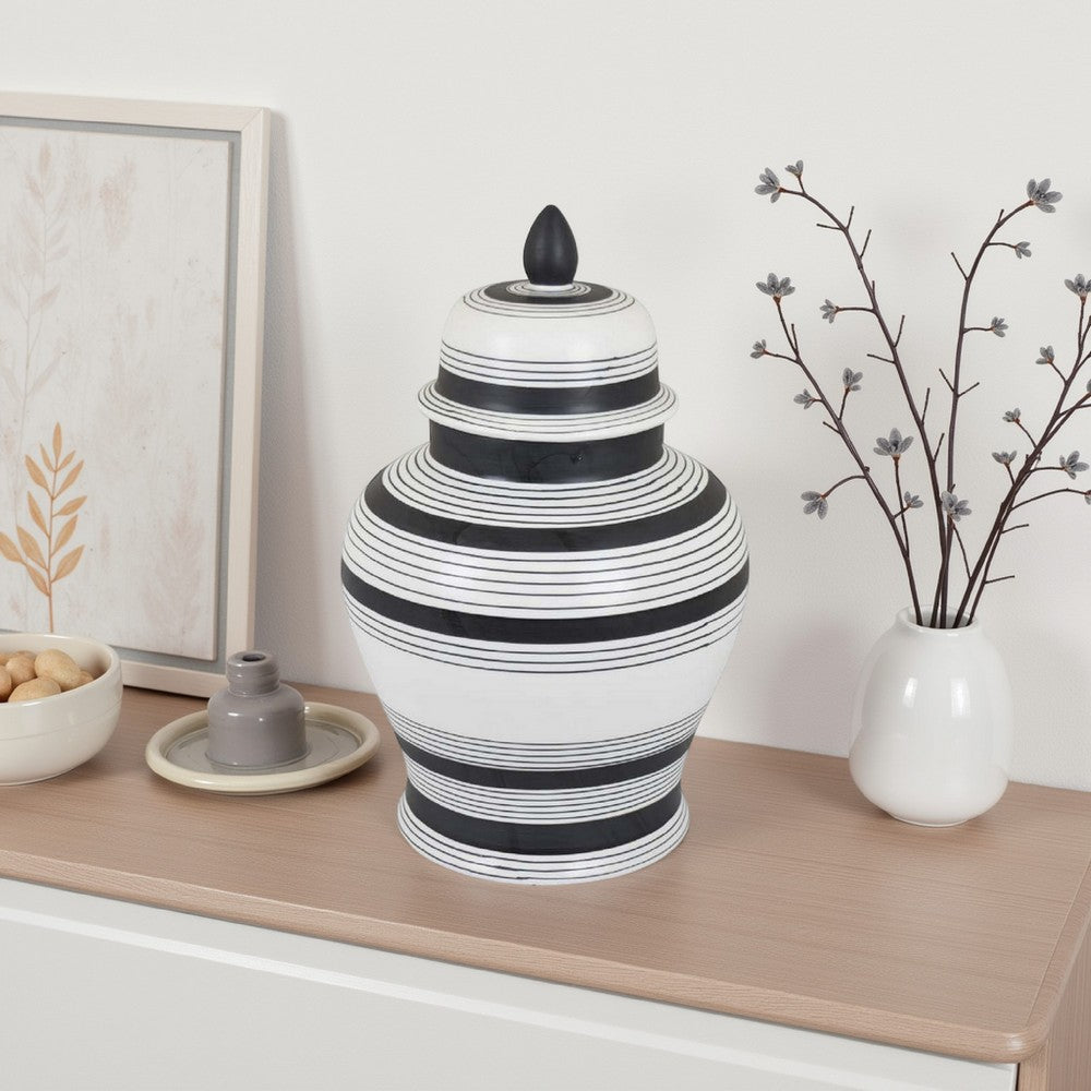 Decorative Jar w Lid, Minimalist Contrast, White Blue Lines, 16 Inch