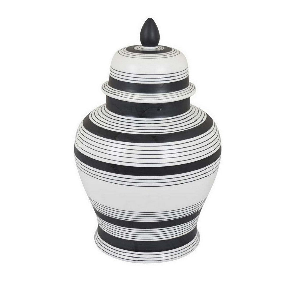 Decorative Jar w Lid, Minimalist Contrast, White Blue Lines, 16 Inch