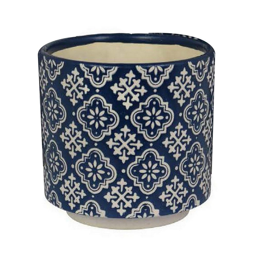 Modern Planter Set of 3 Vintage Floral Motifs White Blue Ceramic BM331439