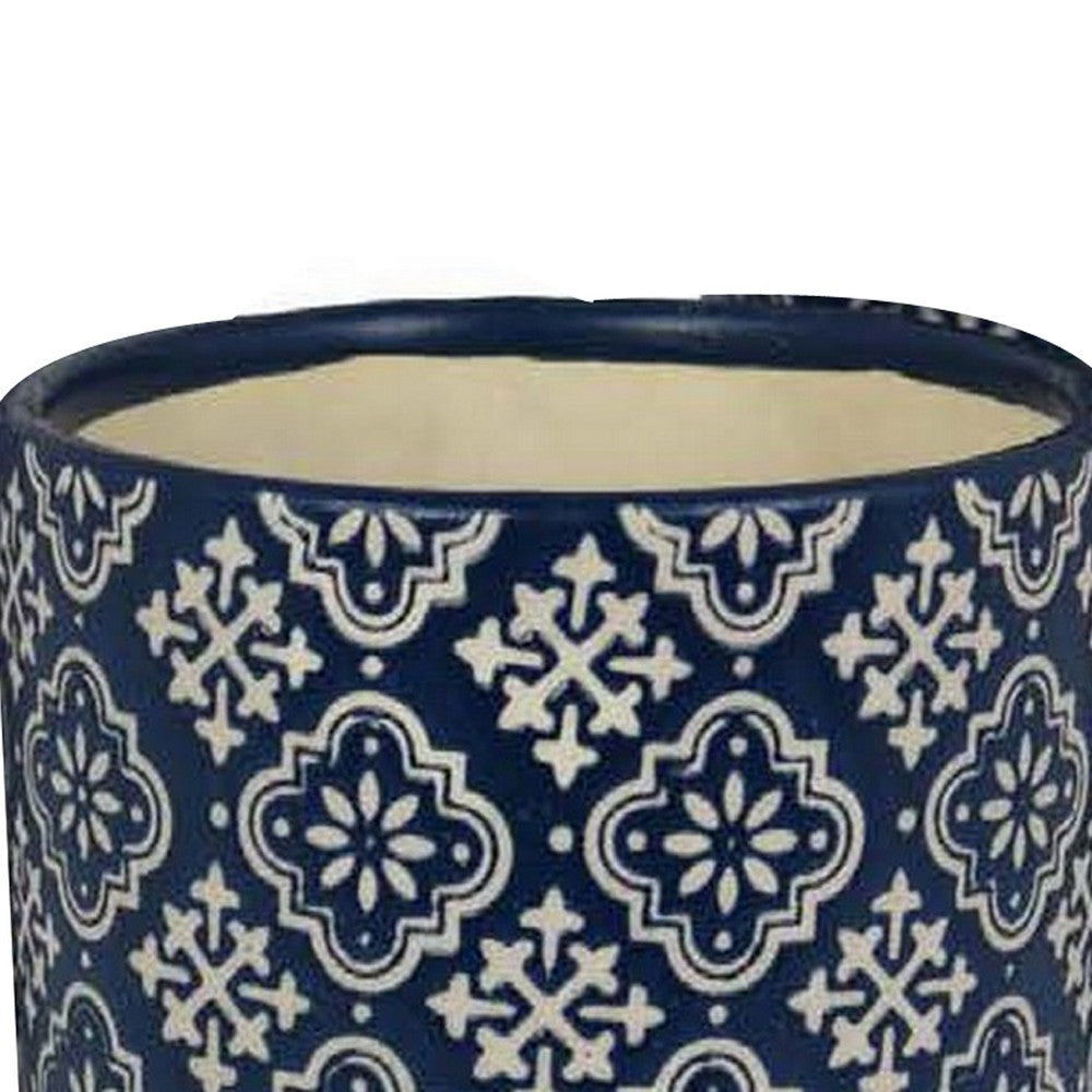 Modern Planter Set of 3 Vintage Floral Motifs White Blue Ceramic BM331439