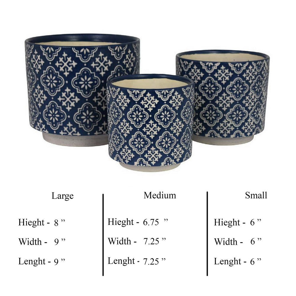 Modern Planter Set of 3 Vintage Floral Motifs White Blue Ceramic BM331439