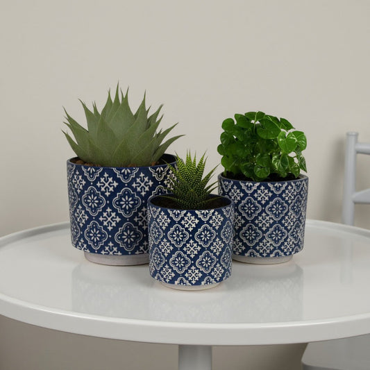 Modern Planter Set of 3, Vintage Floral Motifs, White Blue Ceramic