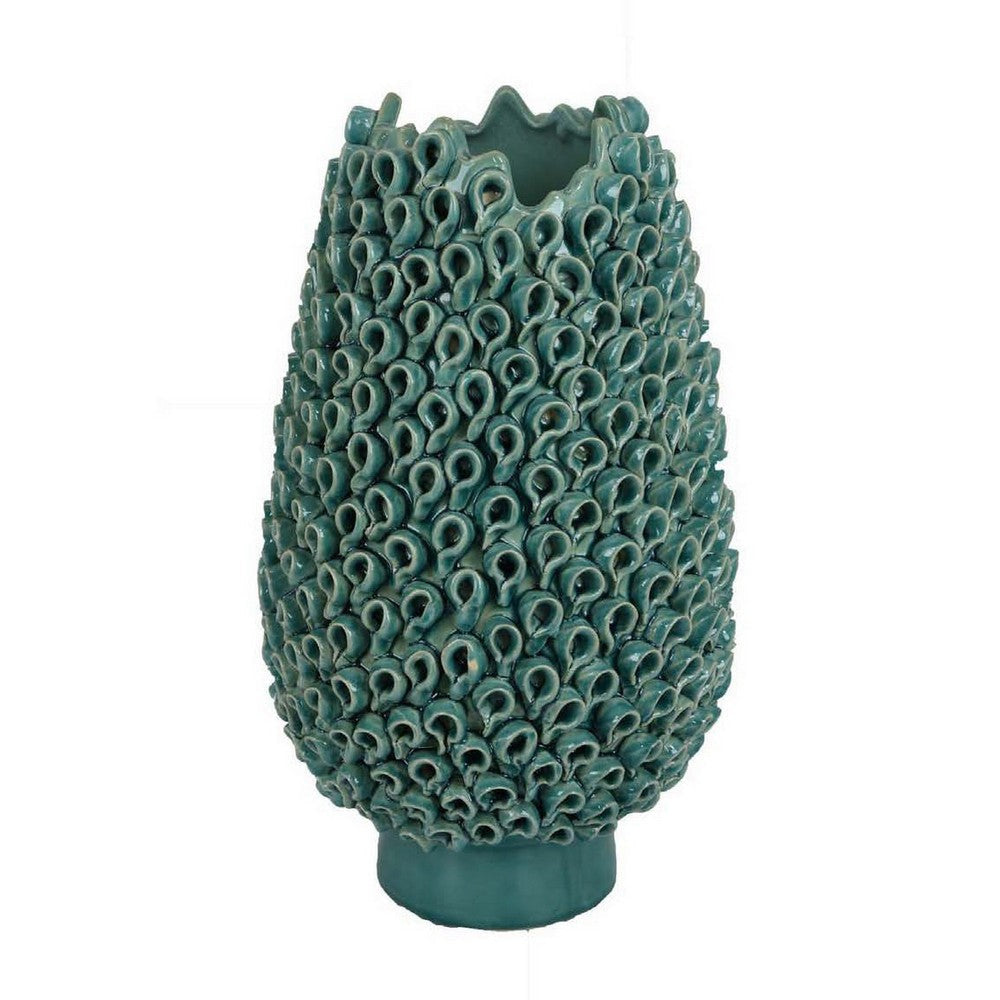 Accent Flower Vase 3D Coral Textured Teal Green Ceramic 16 Inch BM331449