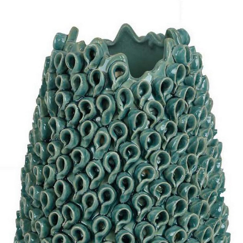 Accent Flower Vase 3D Coral Textured Teal Green Ceramic 16 Inch BM331449