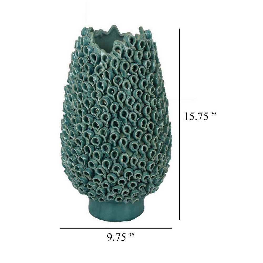 Accent Flower Vase 3D Coral Textured Teal Green Ceramic 16 Inch BM331449