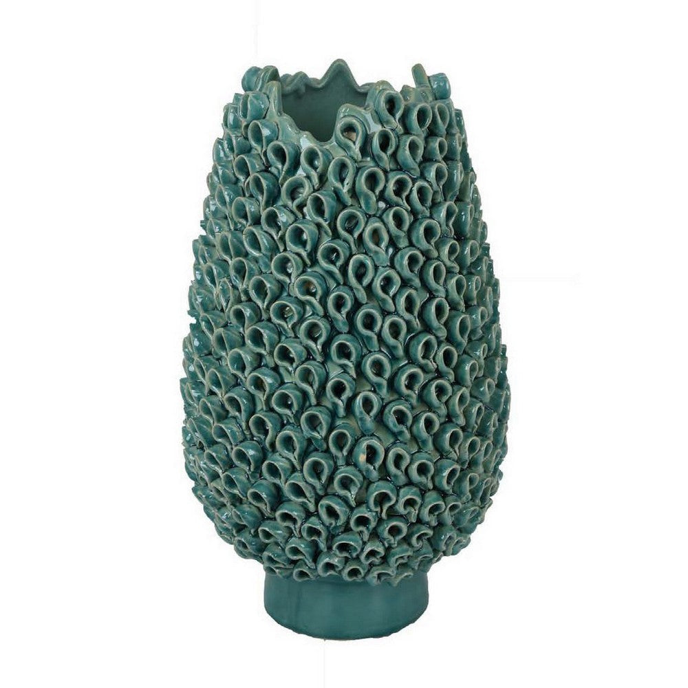 Accent Flower Vase, 3D Coral Textured Teal Green Ceramic 16 Inch