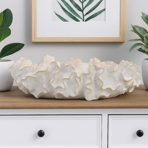 Decorative Accent Bowl, 18 Inch, Natural Wavelike Body, White Ceramic