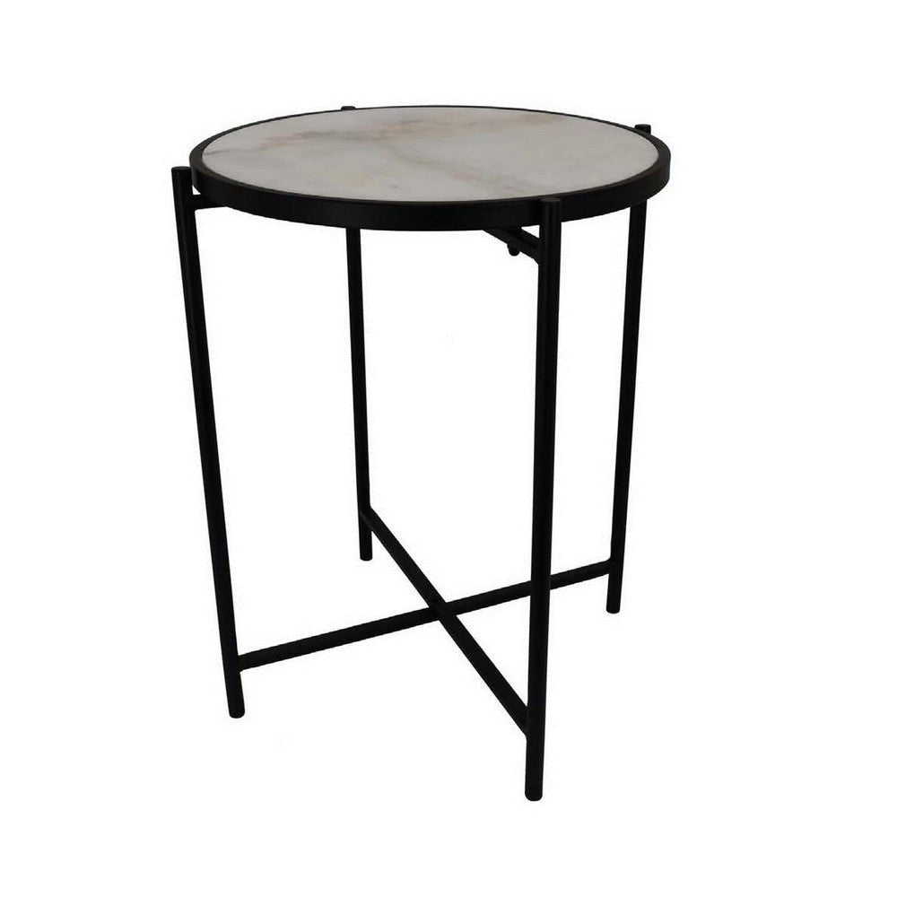 Kiny Accent Plant Stand Table 22 Inch Black Metal Frame White Marble