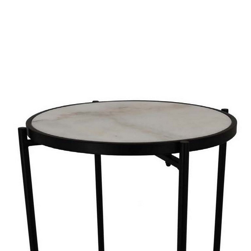 Kiny Accent Plant Stand Table 22 Inch Black Metal Frame White Marble