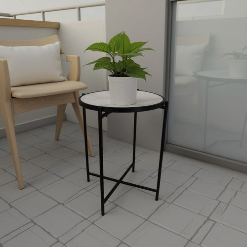 Kiny Accent Plant Stand Table, 22 Inch, Black Metal Frame White Marble