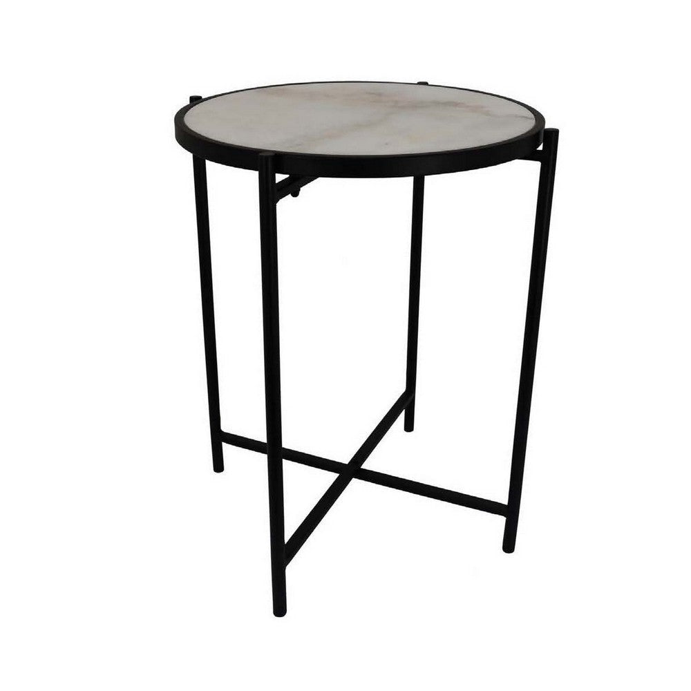 Kiny Accent Plant Stand Table, 22 Inch, Black Metal Frame White Marble