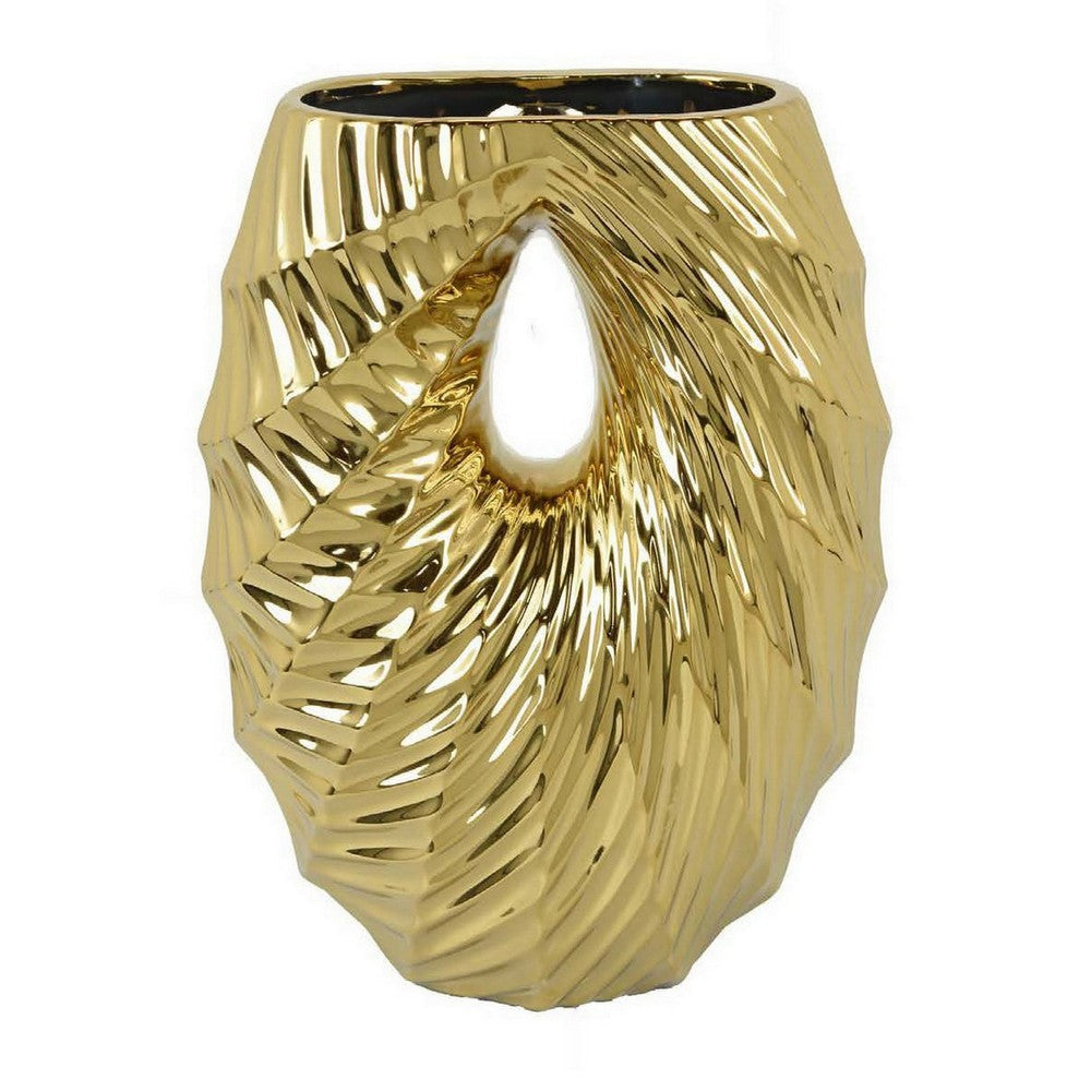 Decorative Vase 16 Inch U Shape Ceramic Body Gold Geometric Pattern BM331467