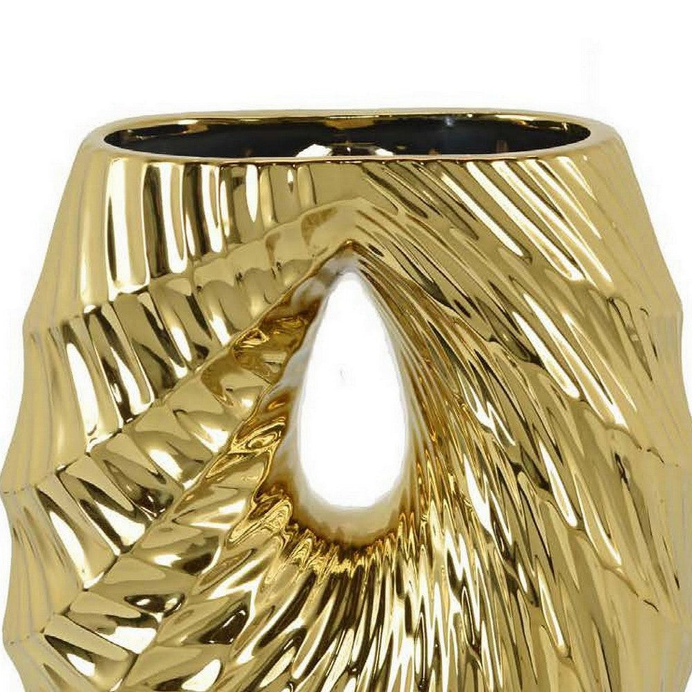 Decorative Vase 16 Inch U Shape Ceramic Body Gold Geometric Pattern BM331467