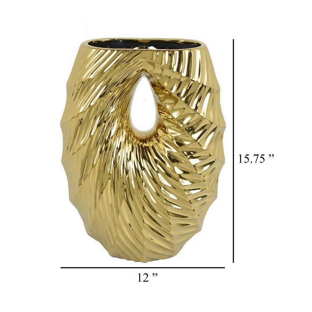 Decorative Vase 16 Inch U Shape Ceramic Body Gold Geometric Pattern BM331467