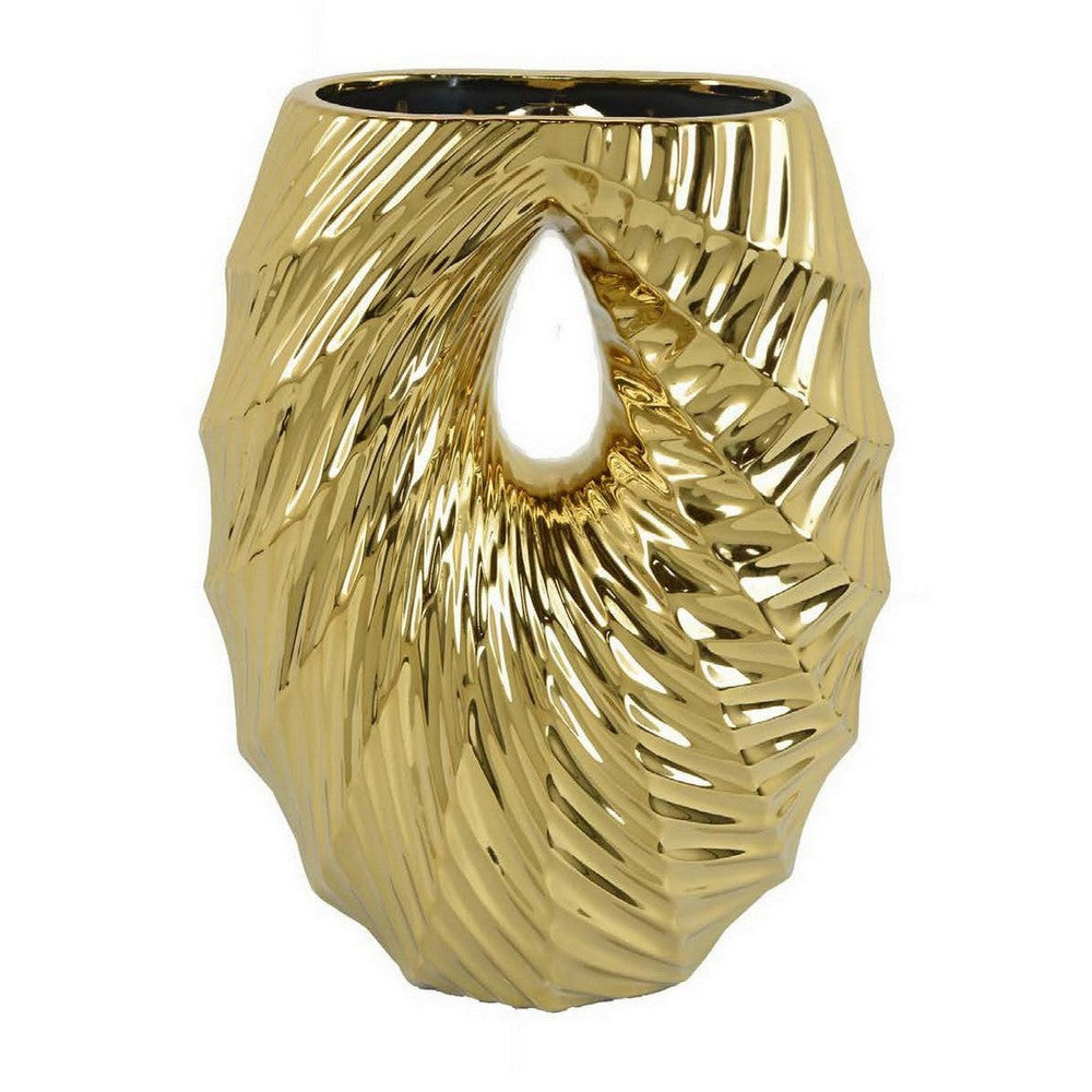 Decorative Vase, 16 Inch U Shape Ceramic Body, Gold Geometric Pattern