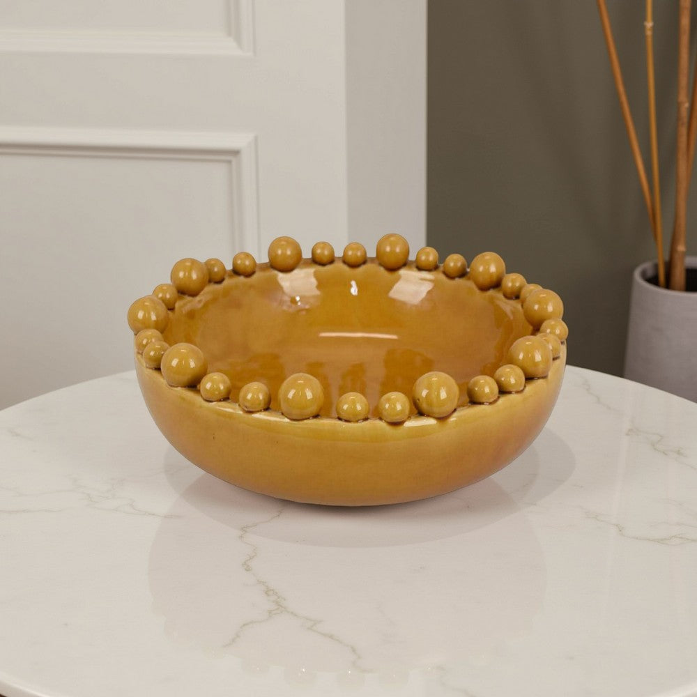 Saul Decorative Bowl, 16 Inch Yellow Ceramic Body, Bubble Design Edges