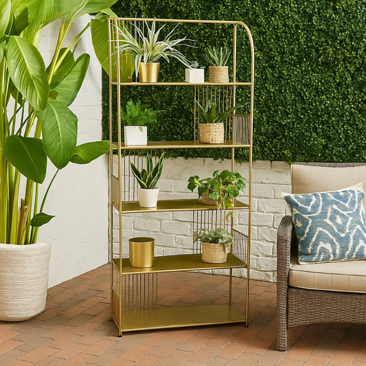 Plant Display Stand, 71 Inch Sleek Gold Metal Frame, 5 Storage Shelves