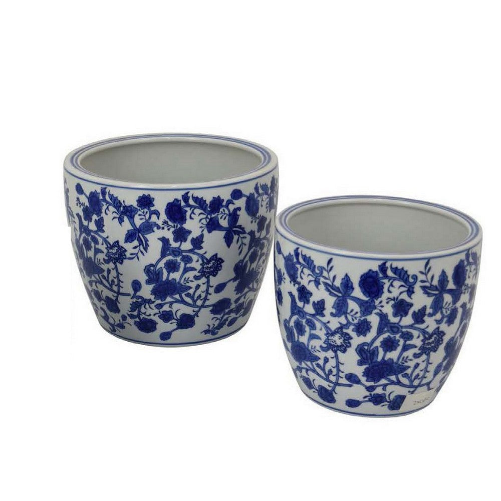Garden Planter Set of 3 Classical Ceramic Blue White Floral Pattern