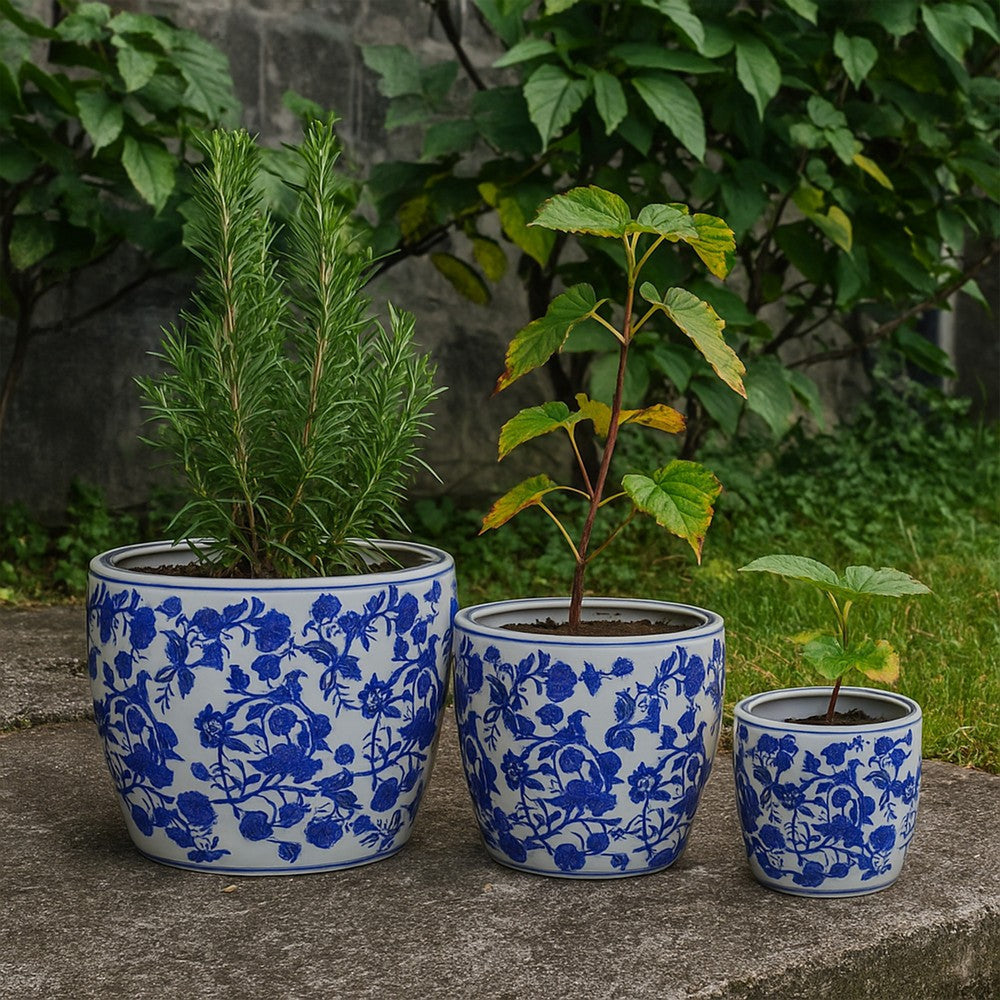Garden Planter Set of 3, Classical Ceramic Blue White Floral Pattern