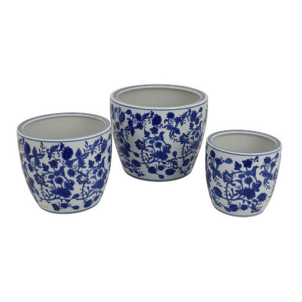 Garden Planter Set of 3, Classical Ceramic Blue White Floral Pattern